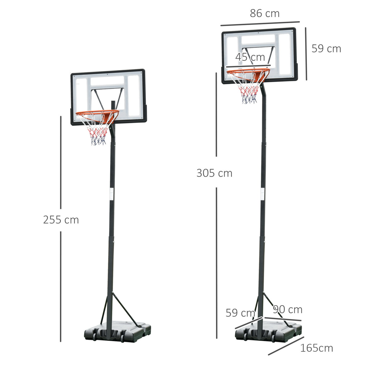 HOMCOM Basketball Hoop Freestanding 255-305cm Hoop Height Adjustable Stand with Backboard Wheels for Teens Adults Black