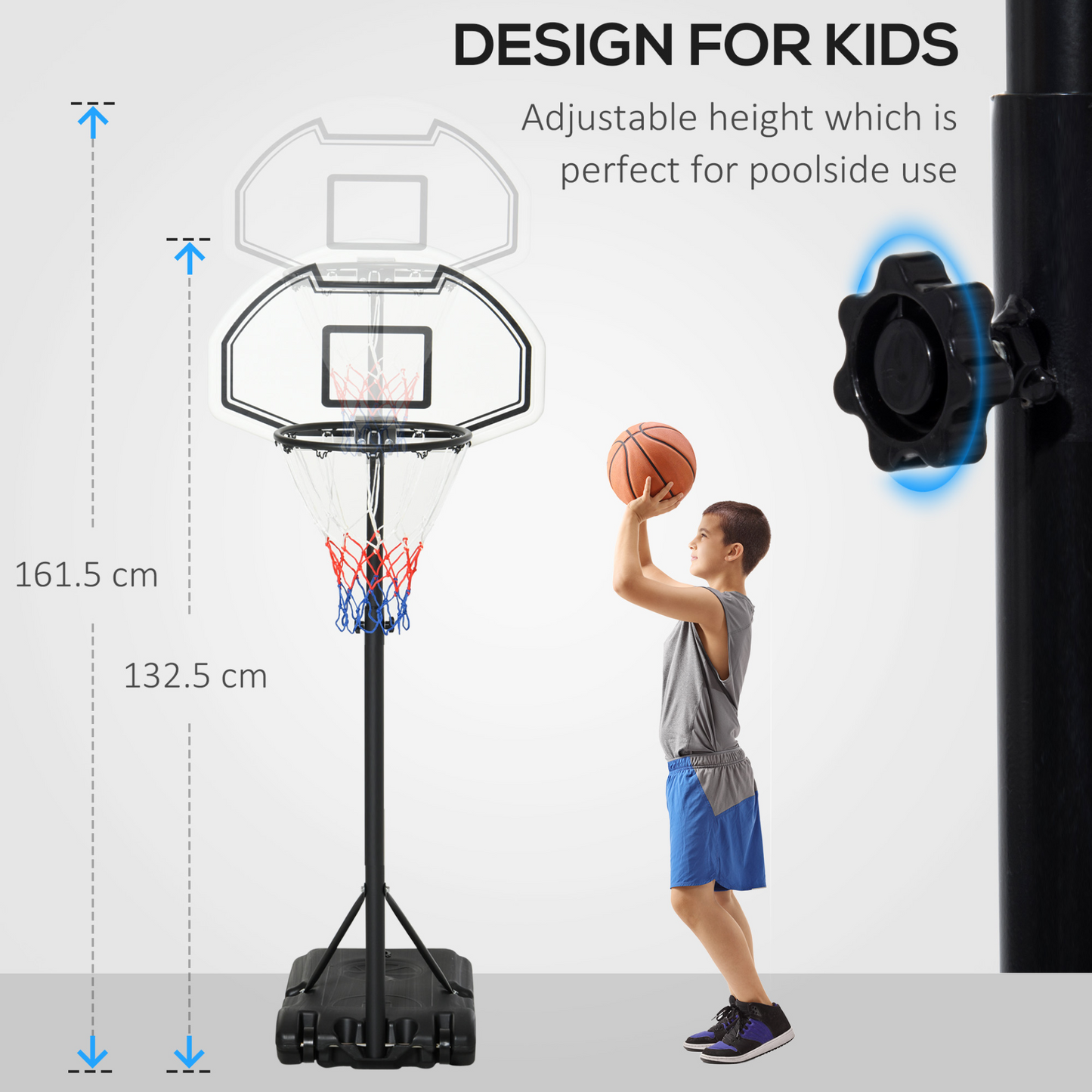 HOMCOM Basketball Stand 94-123cm Basket Height Adjustable Hoop For Kids Adults Suitable for Pool Side