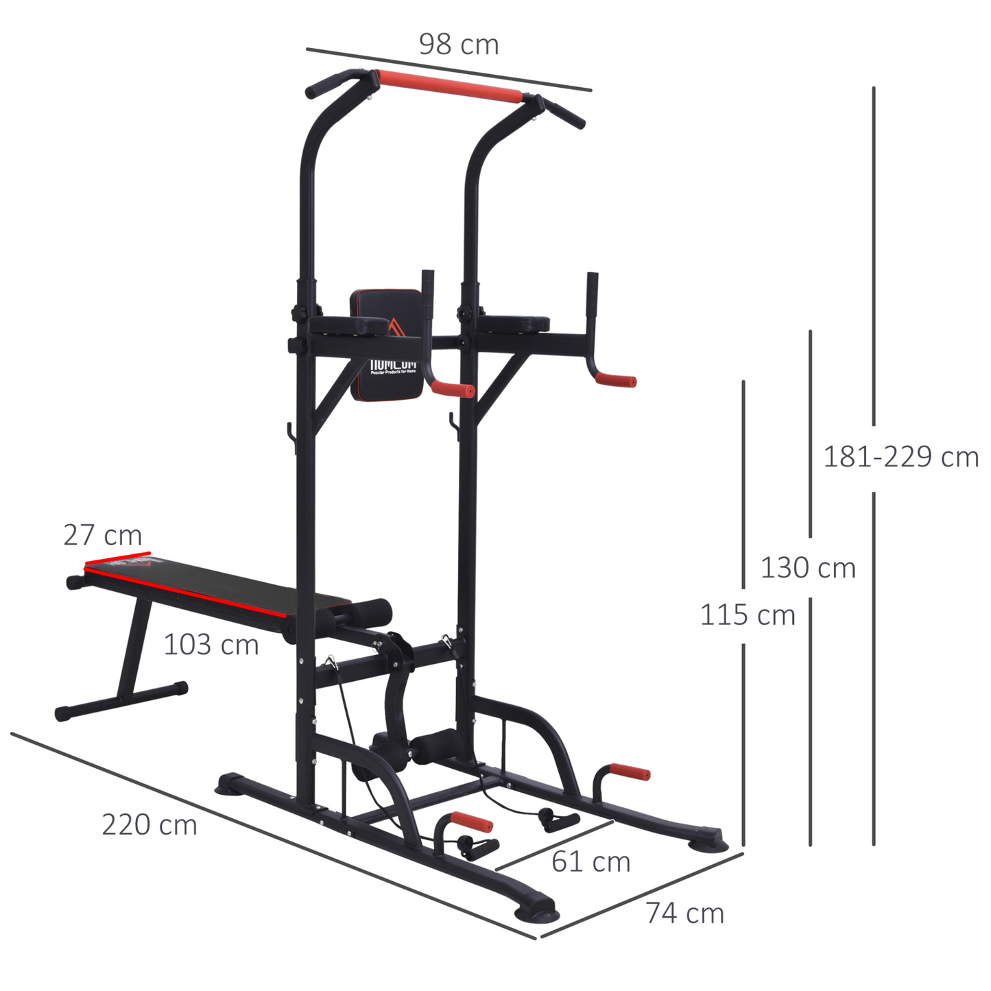 HOMCOM Multifunction Power Tower Home Workout Dip Station w/ Sit-up Bench Push-up Bars and Tension Ropes Fitness Equipment Office Gym Training