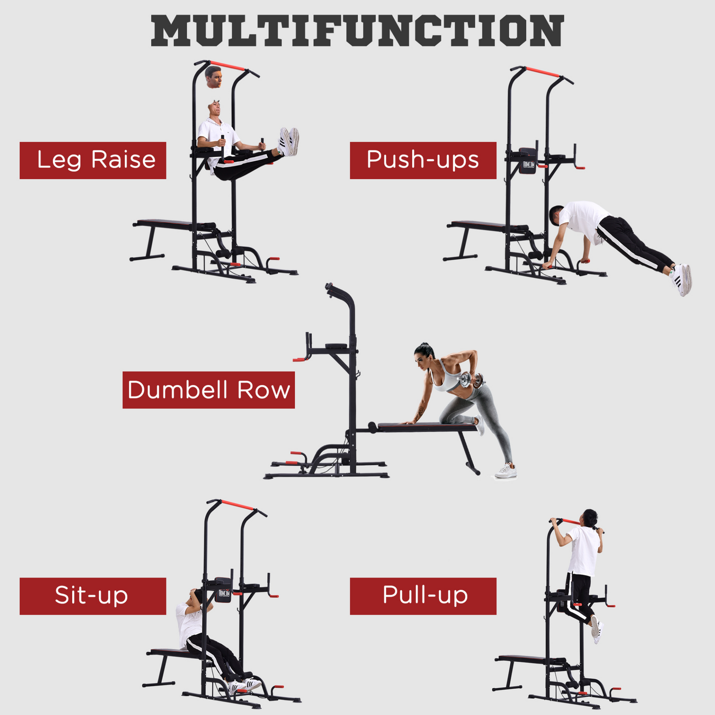 HOMCOM Multifunction Power Tower Home Workout Dip Station w/ Sit-up Bench Push-up Bars and Tension Ropes Fitness Equipment Office Gym Training