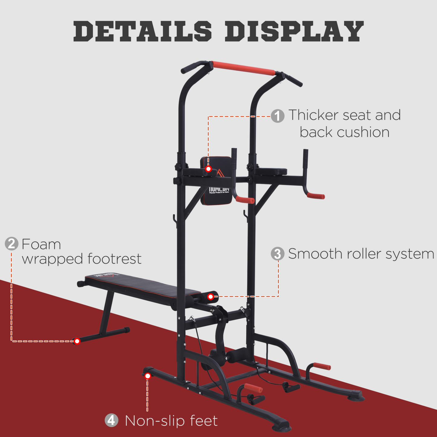 HOMCOM Multifunction Power Tower Home Workout Dip Station w/ Sit-up Bench Push-up Bars and Tension Ropes Fitness Equipment Office Gym Training