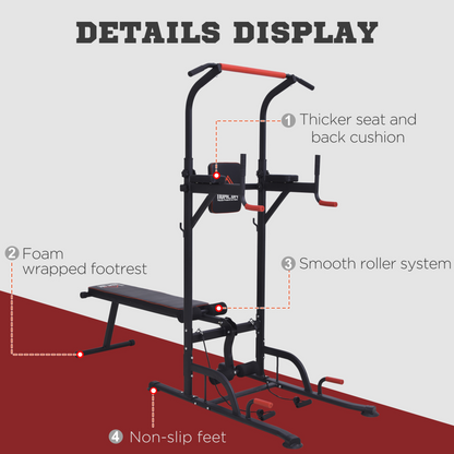 HOMCOM Multifunction Power Tower Home Workout Dip Station w/ Sit-up Bench Push-up Bars and Tension Ropes Fitness Equipment Office Gym Training