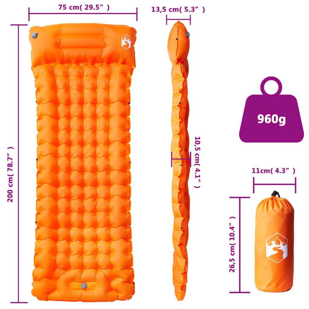 vidaXL Self Inflating Camping Mattress with Pillow 1-Person Orange