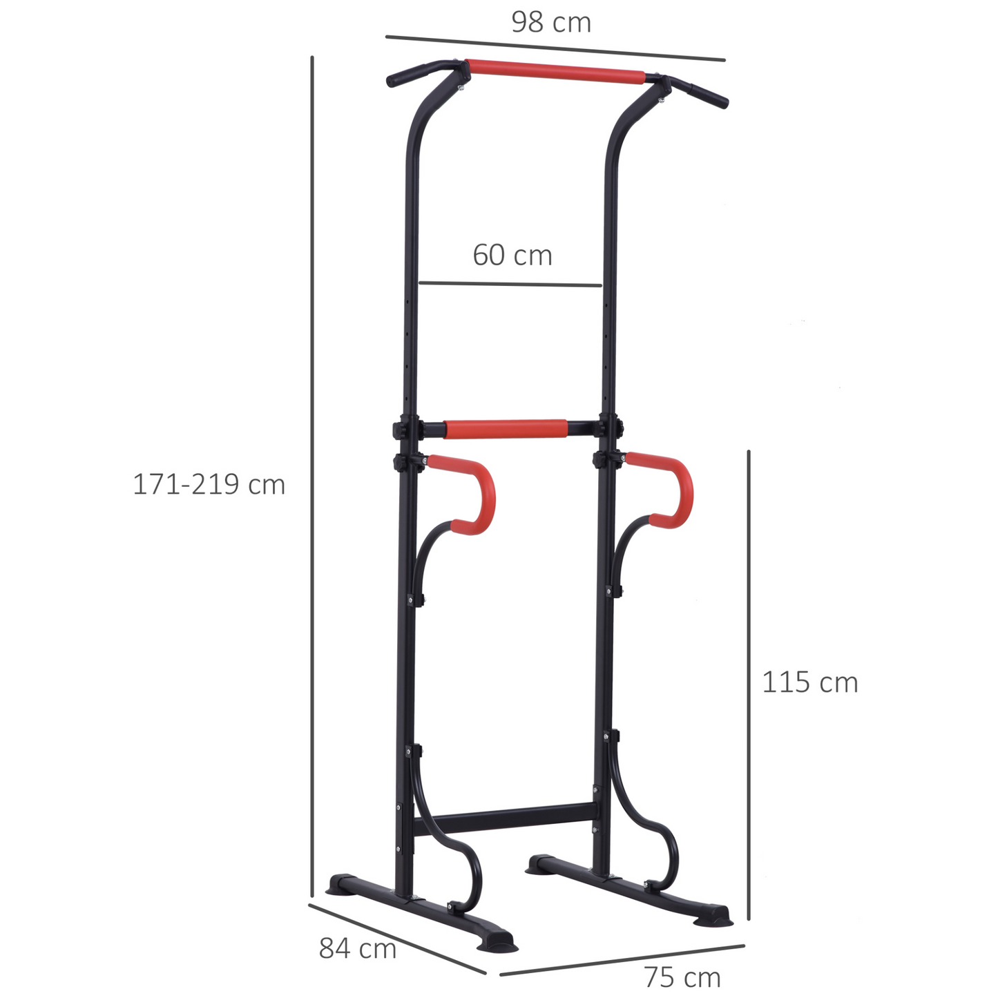 HOMCOM Steel Frame Multi-Use Exercise Power Tower Station Adjustable Height w/ Hand Grips Adjustable Feet Home Office Gym Training Workout Equipment