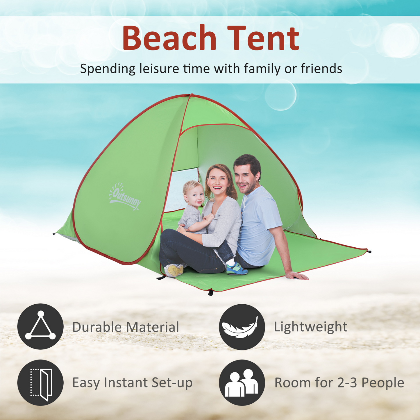 Outsunny 2-3 Person Pop up Tent Beach Tent Hiking UV 30+ Protection Patio Sun Shelter (Green)