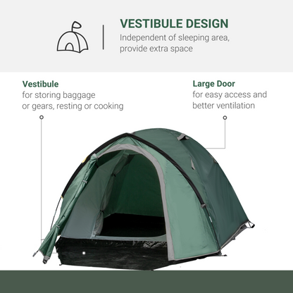 Outsunny Camping Tent w/ Dome Tent for 2-3 Person with Weatherproof Vestibule Backpacking Tent Large Windows Lightweight for Fishing & Hiking Green