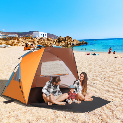 Outsunny 3 Person Pop Up Tent Beach Tent, Easy Set Up Sun Shelter, Portable Instant Beach Shade w/ Extended Porch, Sandbags, Mesh Screen Windows and Carry Bag