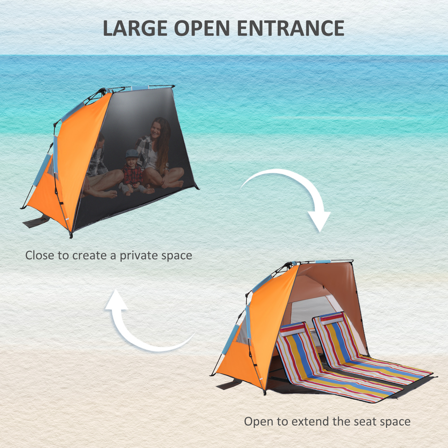 Outsunny 3 Person Pop Up Tent Beach Tent, Easy Set Up Sun Shelter, Portable Instant Beach Shade w/ Extended Porch, Sandbags, Mesh Screen Windows and Carry Bag