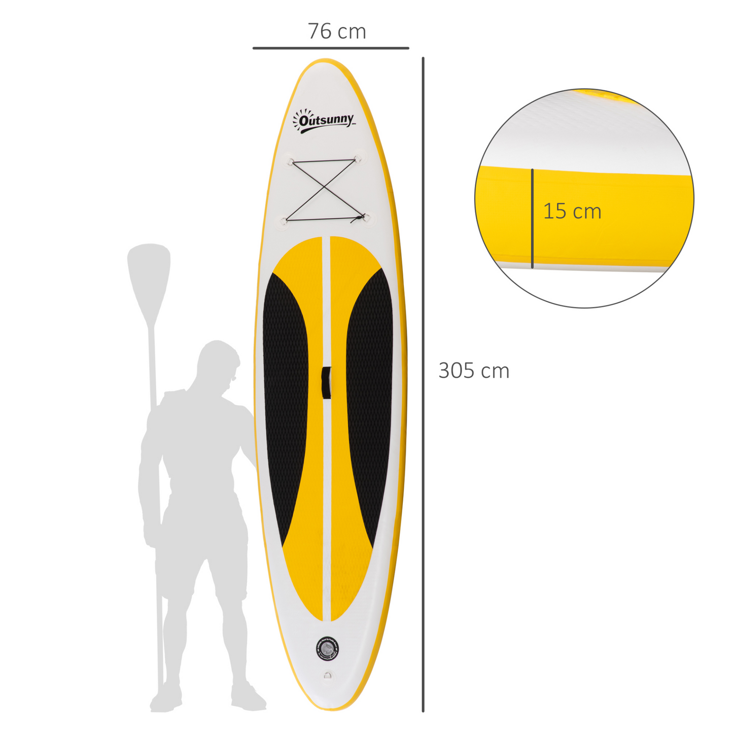 Outsunny 10' x 30" x 6" Inflatable Paddle Stand Up Board, 1.65-2.15M Adjustable Aluminium Paddle Non-Slip Deck Board, with ISUP Accessories & Carry Bag, 305L x 76W x 15H cm, White