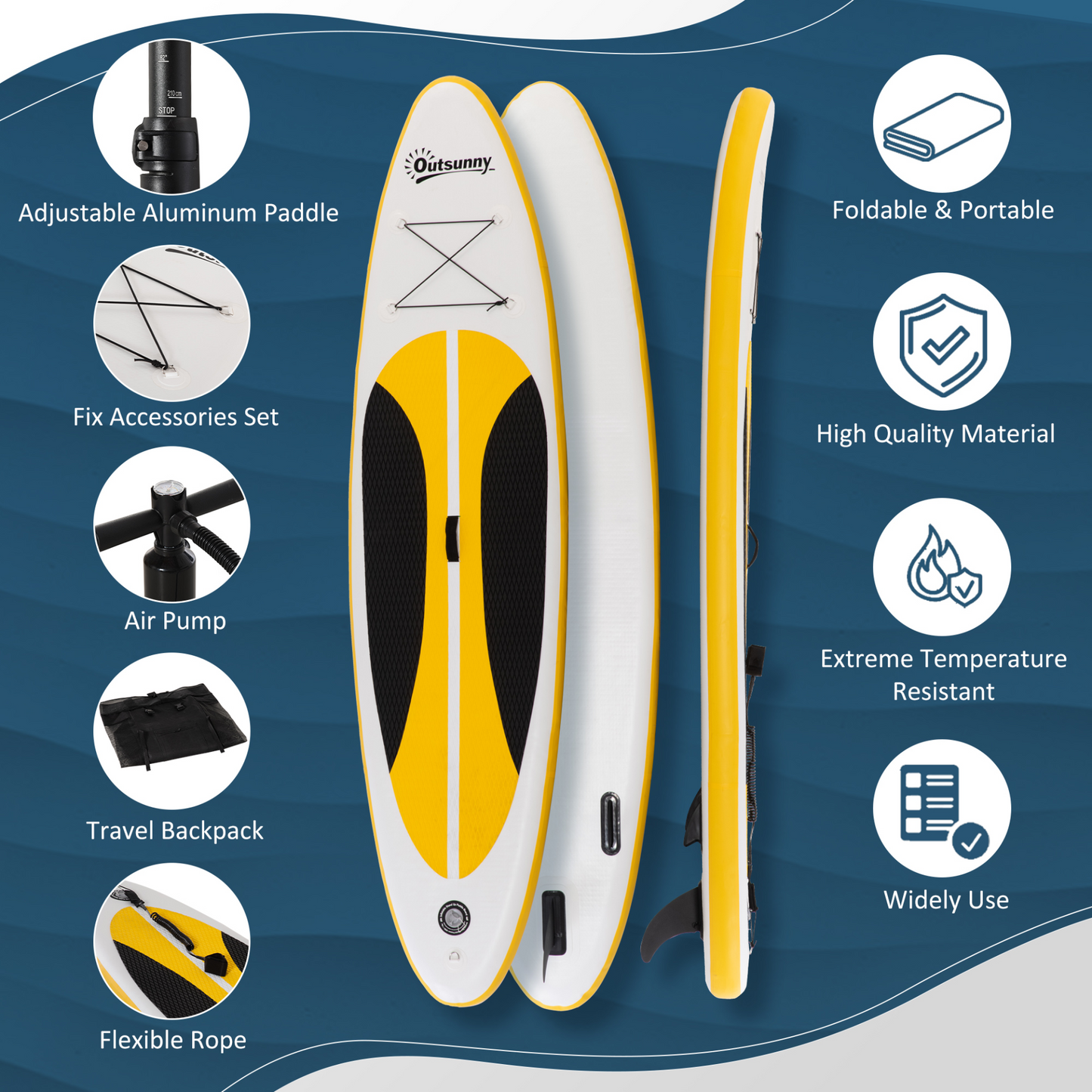 Outsunny 10' x 30" x 6" Inflatable Paddle Stand Up Board, 1.65-2.15M Adjustable Aluminium Paddle Non-Slip Deck Board, with ISUP Accessories & Carry Bag, 305L x 76W x 15H cm, White
