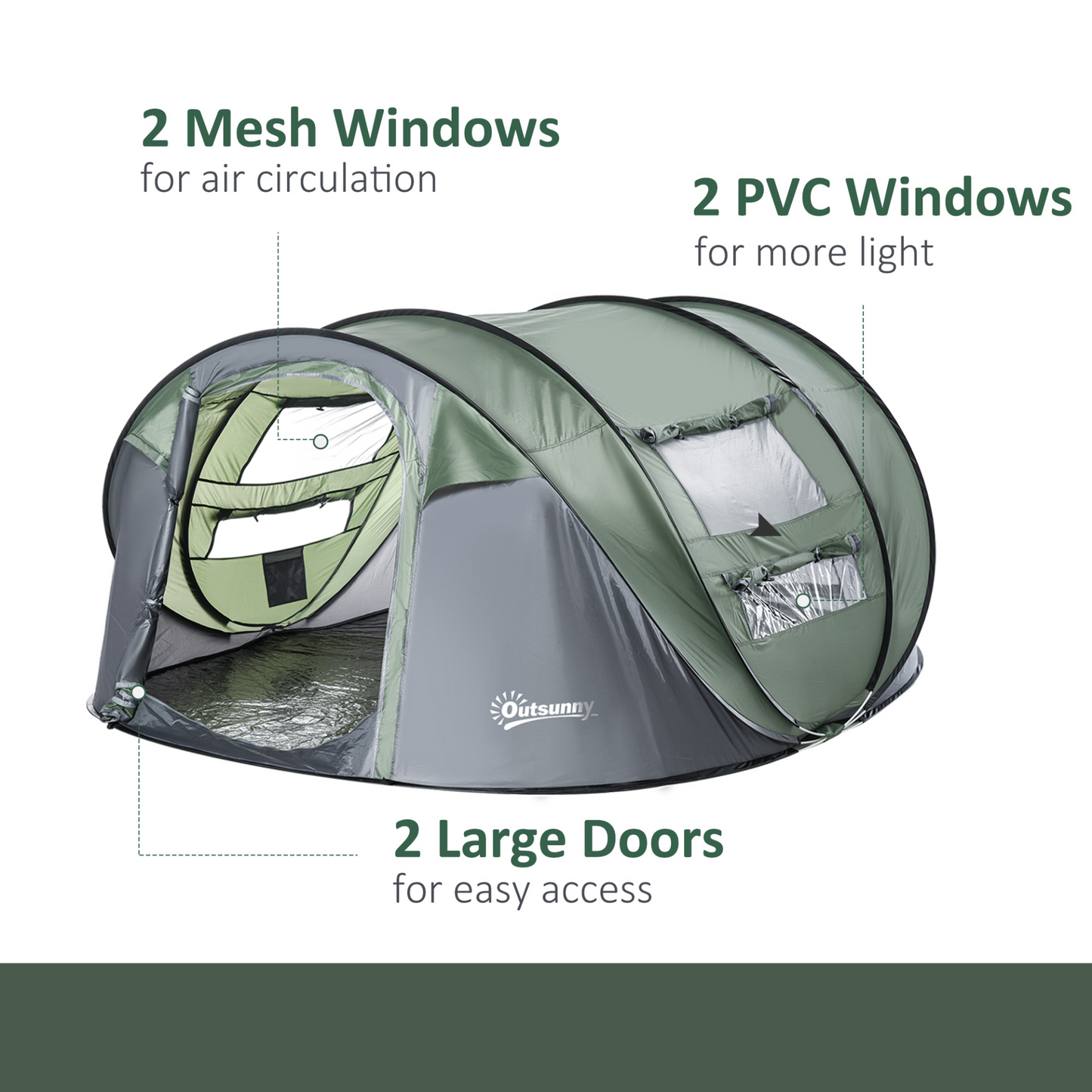 Outsunny 4-5 Person Pop-up Camping Tent Waterproof Family Tent w/ 2 Mesh Windows & PVC Windows Portable Carry Bag for Outdoor Trip Dark Green