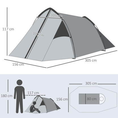 Outsunny 1-2 Man Camping Tunnel Tent  w/ Rain Fly Porch Mesh Window Double Layer Shelter Hiking Home Backpacking Vestibule Lightweight Fishing