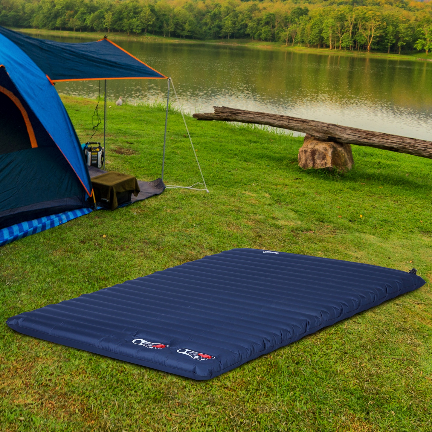 Outsunny 2 Person Camping Inflating Sleeping Mat Inflatable Mattress Ultralight Folding Bed Portable Air Pad for Outdoor Backpacking Hiking Travel - Blue