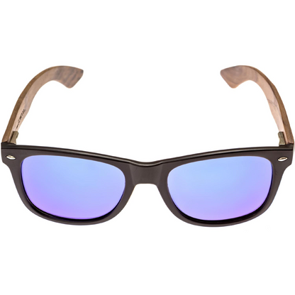 Walnut wood classic style sunglasses with blue mirrored polarized lenses